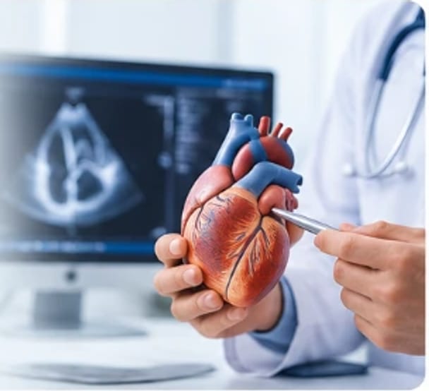 A clinician holding an anatomical heart model in front of an echocardiogram screen