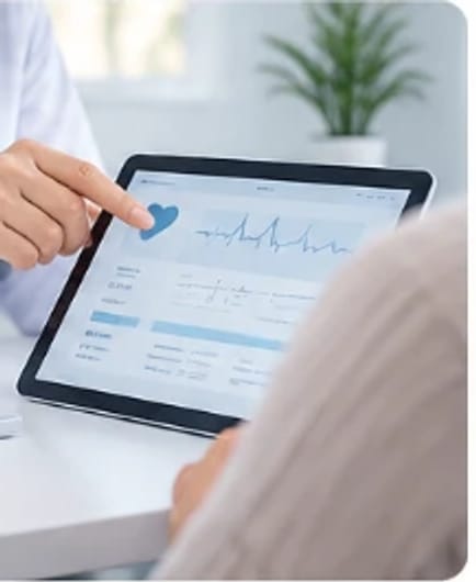 A clinician pointing at a heart-rate chart on a tablet with a patient