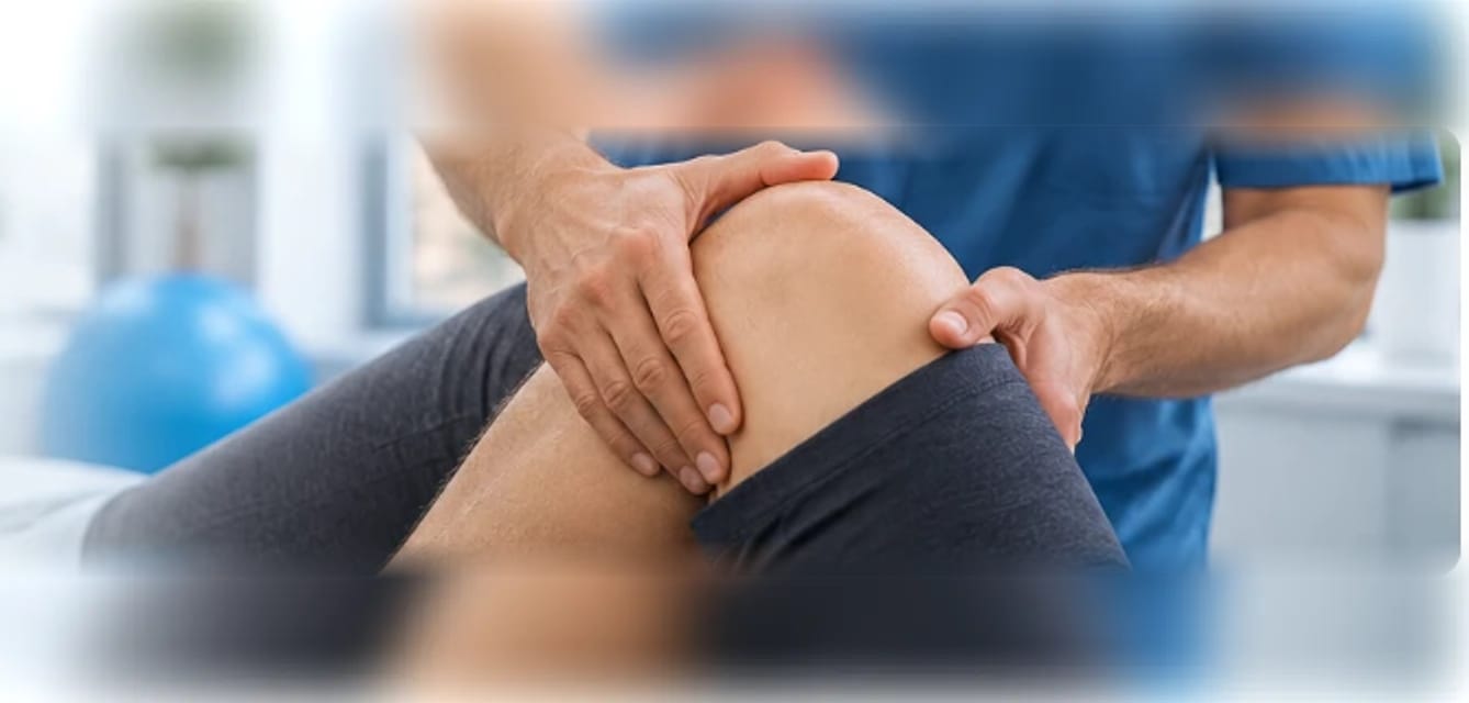 A clinician examining a patient's knee