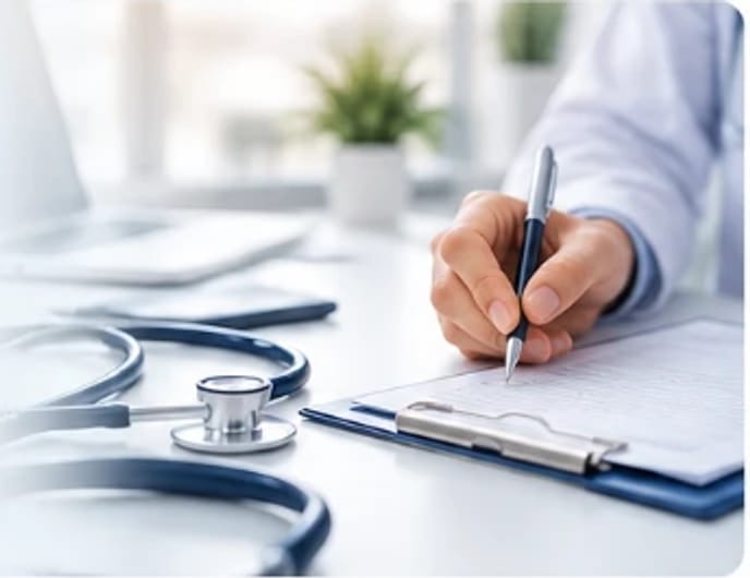 A clinician writing notes on a clipboard beside a stethoscope