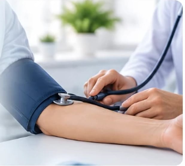 A clinician taking a patient's blood pressure with a cuff and stethoscope